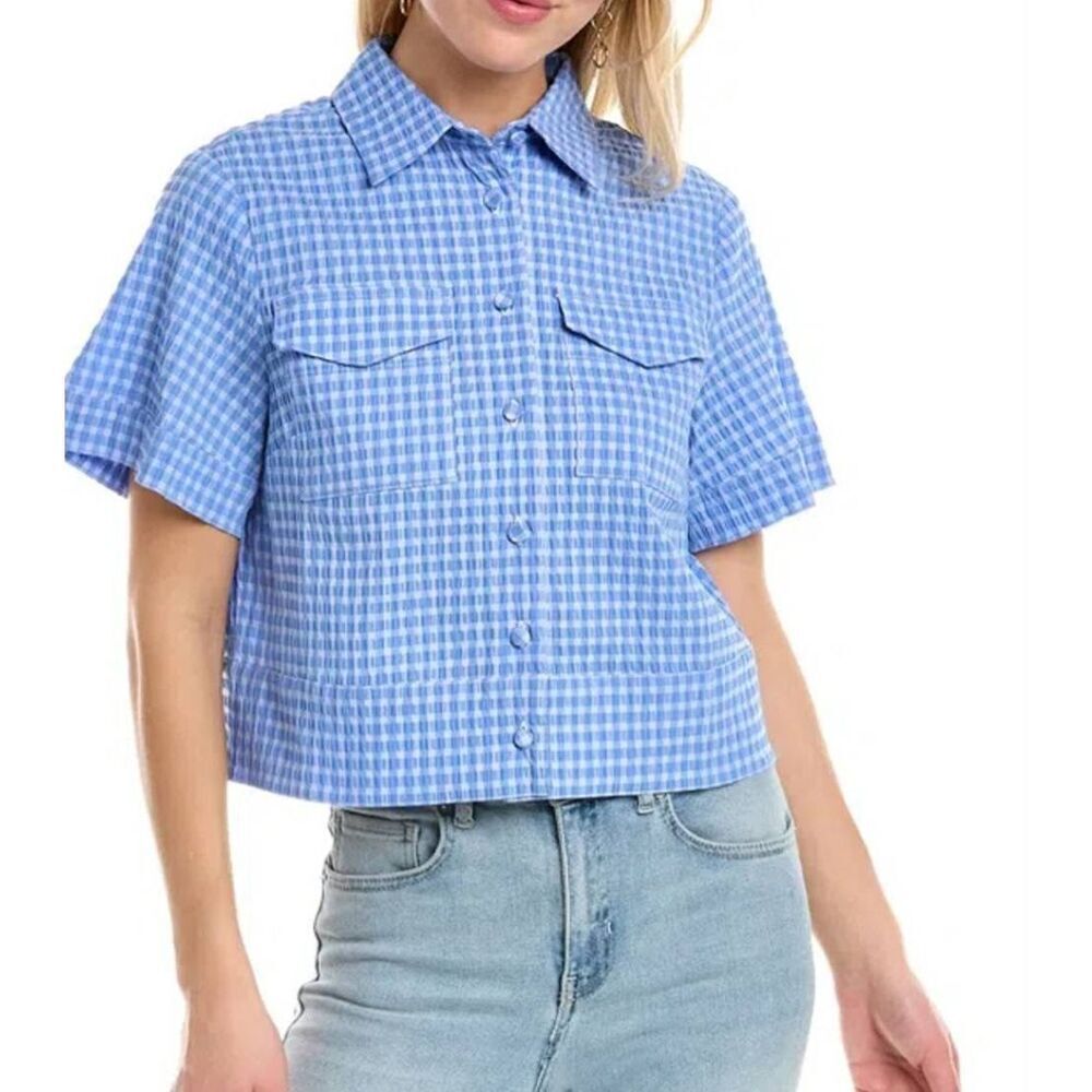 PEARL BY LELA ROSE Seersucker Top In Blue sz XS